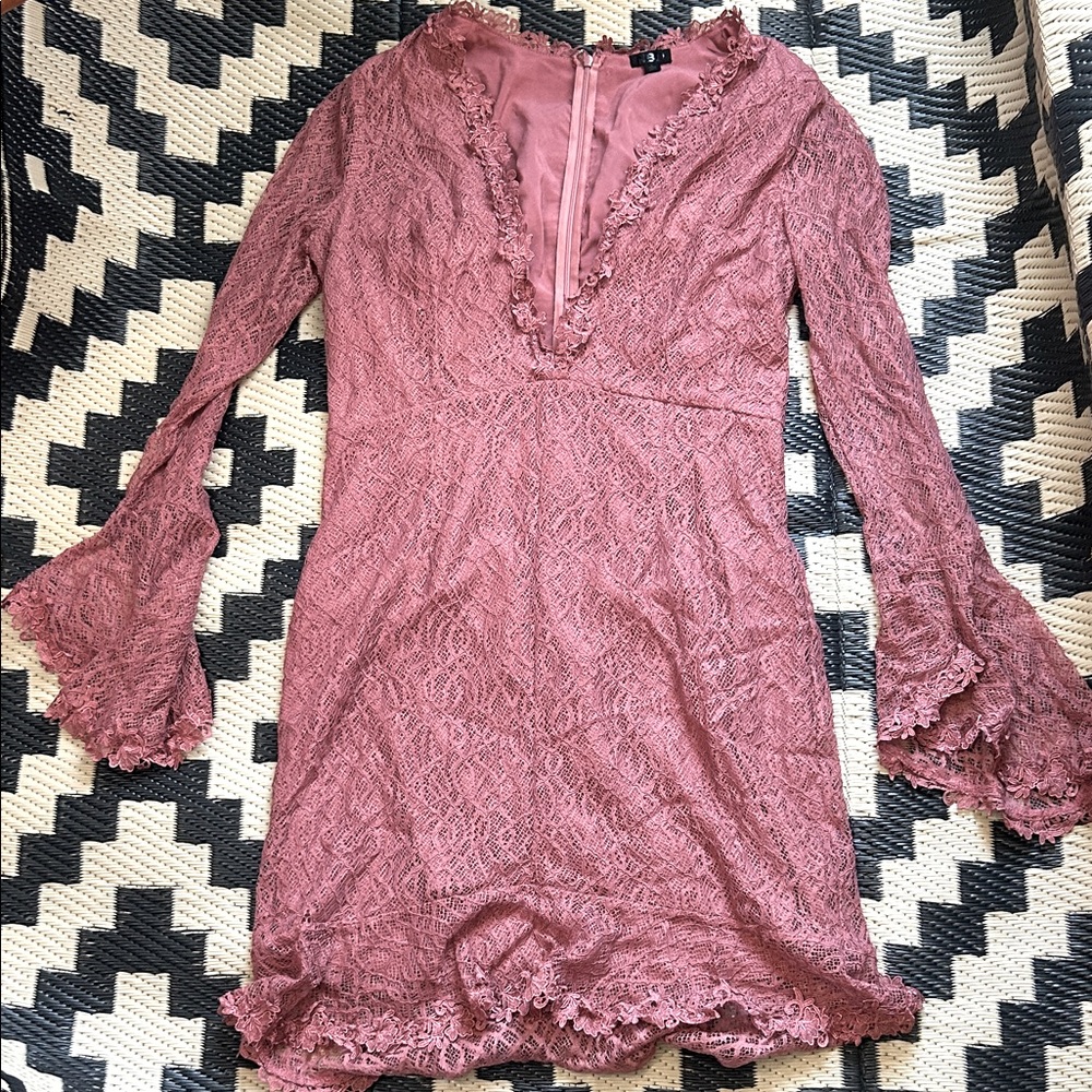 EUC NBD Deep V neckline Lace Dress with Bell Sleeves